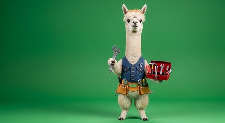 Fototapeta premium Funny Llama Handyman Wearing Tool Belt and Holding Wrench and Toolbox on Green Background; DIY Home Repair and Professional Maintenance Service Concept