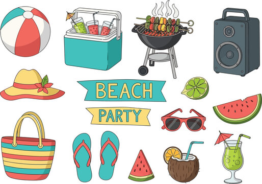 Colorful beach party vector illustration with summer items