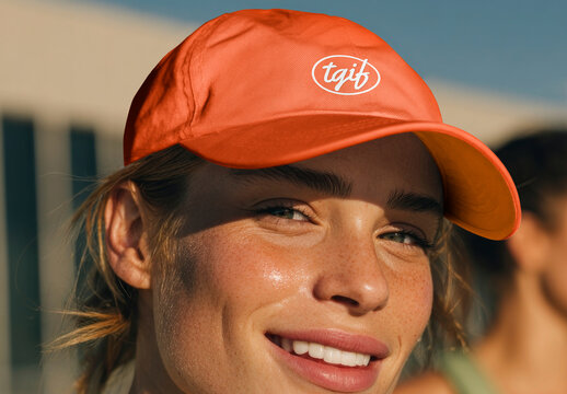 Smiling Woman Wearing Orange Cap Mockup PSD