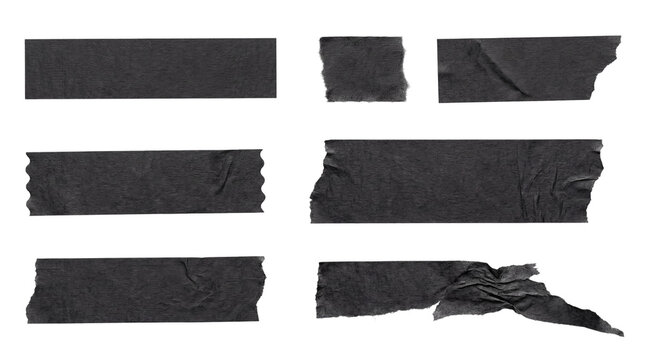 Collection of black textured adhesive tape strips, isolated on a transparent background for graphic design projects.