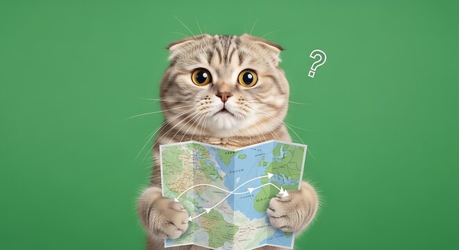 Funny Scottish Fold Cat Holding World Map with Question Mark, Confused Pet Traveler Planning Trip and Navigating Route, Cute Kitten Lost on Green Background