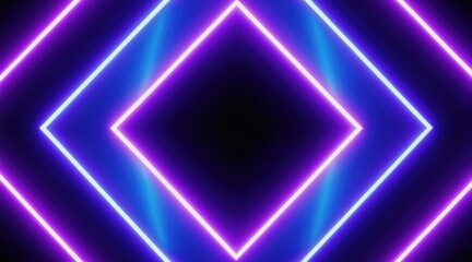 Fototapeta premium Abstract background with glowing neon squares forming a tunnel effect. Bright blue and purple light lines pulsate and glow against a dark backdrop, creating a futuristic and energetic vibe.