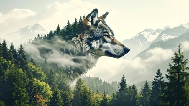 A majestic wolf head emerges from a dense pine forest landscape