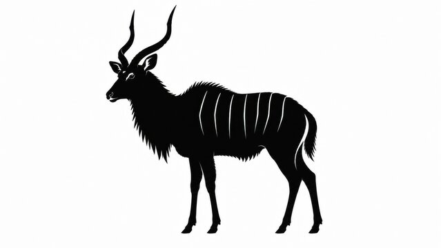 Minimalist kudu silhouette on white background, majestic african antelope with spiral horns, black and white wildlife graphic for logo design
