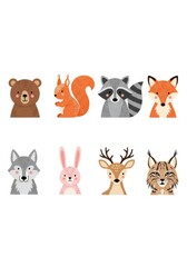 Obraz premium Cute Forest Animals Collection with Bear Squirrel Raccoon Fox Wolf Rabbit Deer and Lynx for Nursery Decor and Kids Design