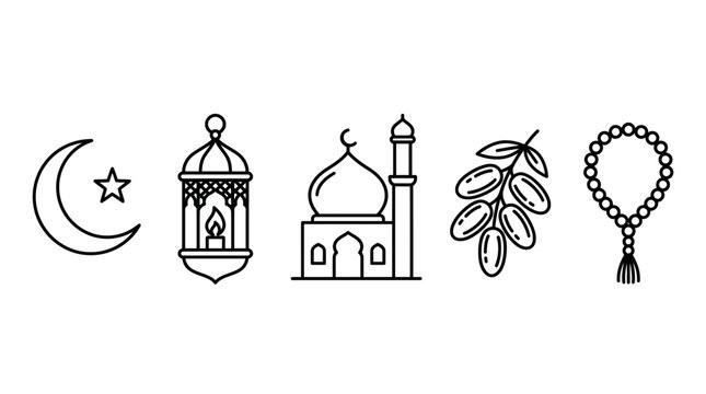 Set of Islamic Ramadan Line Art Icons.