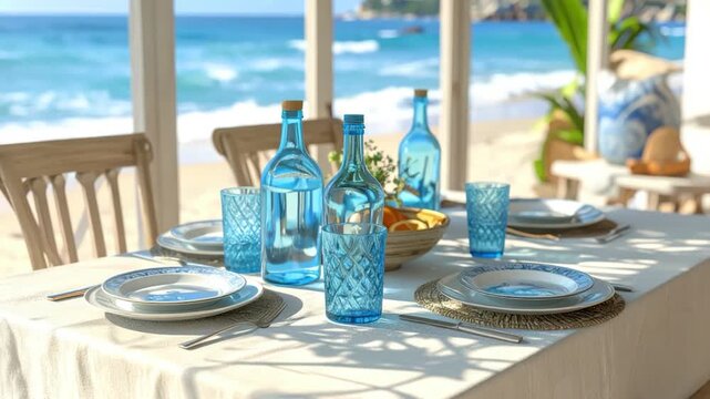 A beachside table setting features blue glass, plates, and ocean views