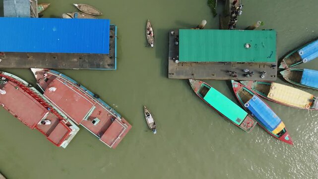 Classic Wooden Boats Crossing Buriganga River Aerial View