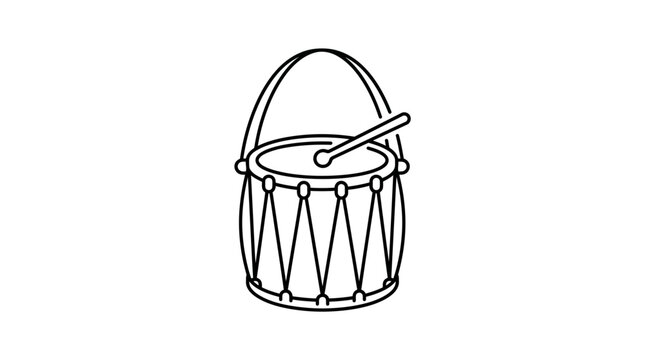 Black and white line art illustration of a traditional marching drum with a single drumstick.
