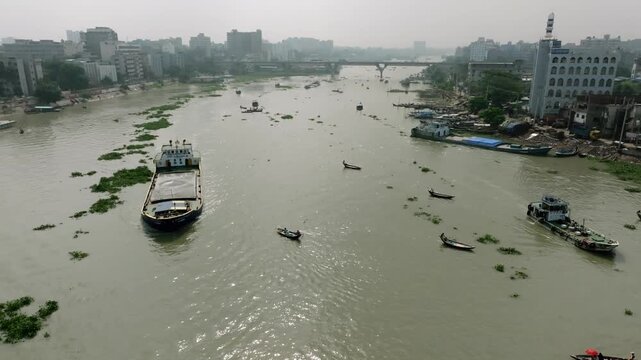 Dynamic Buriganga River Traffic Dhaka City Aerial view