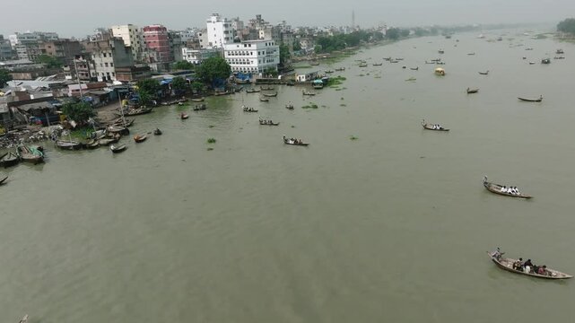 Scenic Drone View Of Buriganga River Boat Traffic in Dhaka