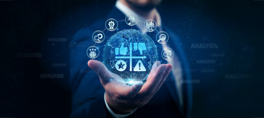 Fototapeta premium Business Intelligence Analyst hands holding report Analysis data interpretation insights visualization modeling network connections metrics KPIs decision making reporting.