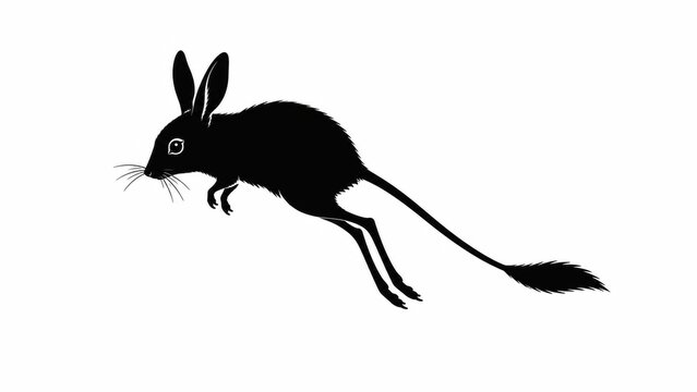 Minimalist jerboa silhouette on white background, jumping desert rodent profile, black and white wildlife illustration for educational biology graphics