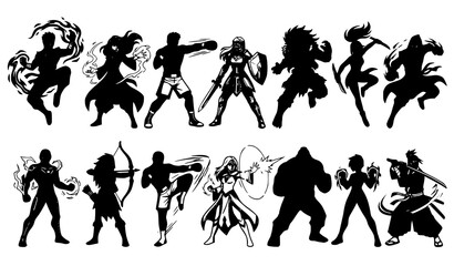 Obraz premium Fantasy Warrior Silhouette Collection Featuring Action Hero Characters and Adventure Game Designs