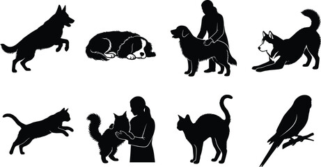 Pet care and veterinary services silhouette icon set featuring dogs cats parrot and veterinarians examining domestic animals for wellness concepts © MdAbdur