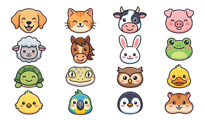 Fototapeta premium Cute Cartoon Animal Face Collection Featuring Adorable Farm and Wild Character Avatars