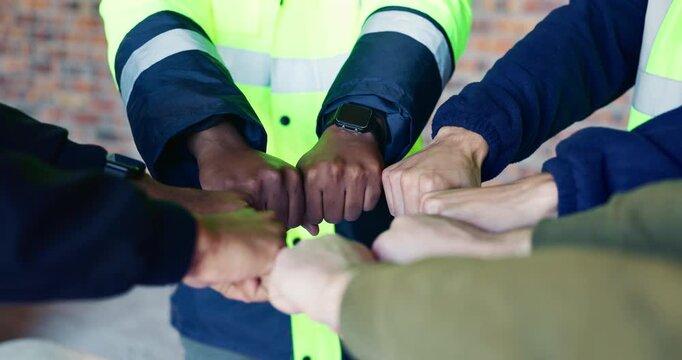 Architect, people and meeting with fist bump for unity, collaboration or solidarity together. Group, employees or contractor team with trust, mission or cohesion for building, deal or development
