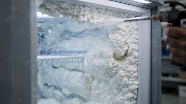 Medium shot focusing on foam being applied inside a freezer highlighting the precision and texture of the expanding foam filling for optimal cold retention.