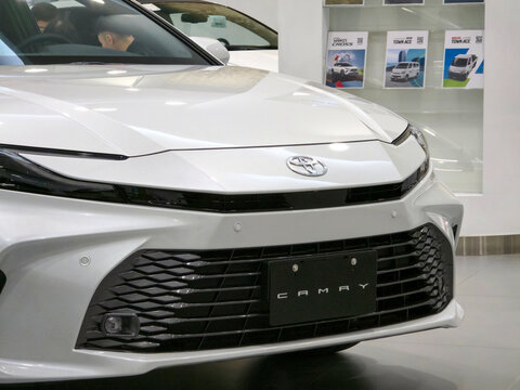 Taiwan, Taipei City, June 12, 2026 &ndash; Close-Up of White Toyota Camry Front View Sedan Exterior