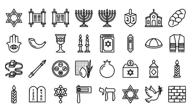 Jewish Culture and Religious Heritage Outline Icon Collection Featuring Menorah Torah Holiday Sacred Symbols