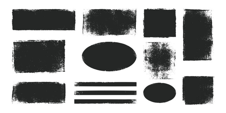 Set of black ink brush strokes and grunge texture frames for artistic design projects and creative graphics