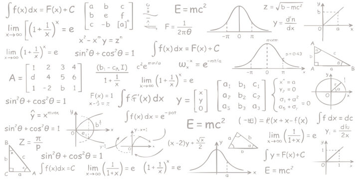 Black and white background pattern with complex mathematical equations physics formulas and geometry graphs
