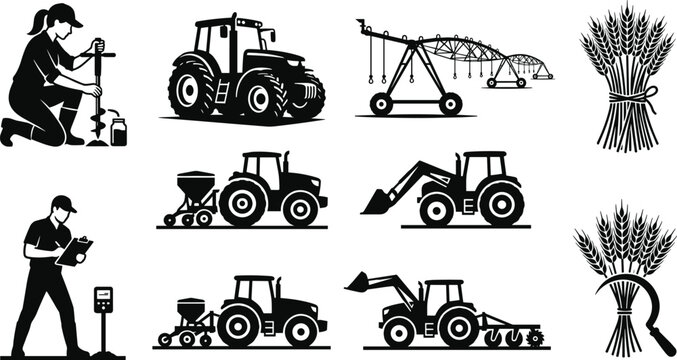 Smart agriculture and industrial farming silhouette icon set featuring tractors irrigation systems wheat sheaves and agronomy researchers