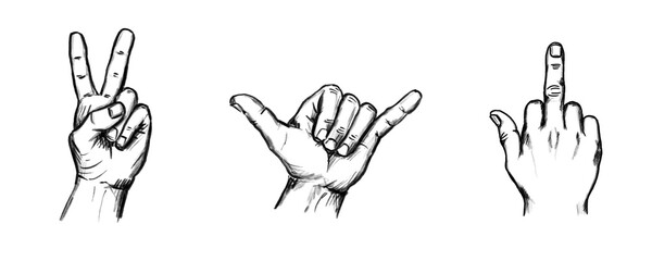 Fototapeta premium Victory Shaka Middle Finger Hand Signs Set Hand Drawn Illustration, black pencil, white on trandparent, PNG, human made, no ai