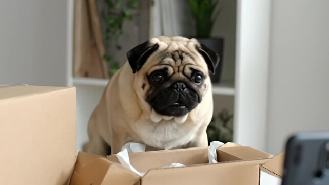 A cute dog looks inside a cardboard box on a table