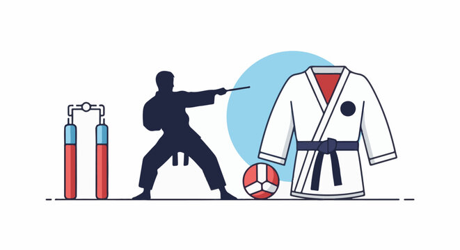 A martial artist silhouette in action with training equipment and uniform
