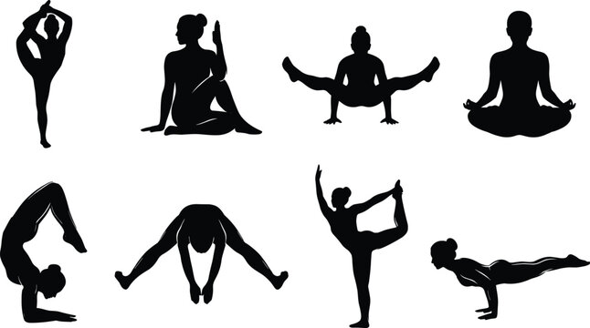 Yoga poses silhouette icon collection featuring women practicing diverse asanas stretching meditation and flexibility exercises for health and wellness design
