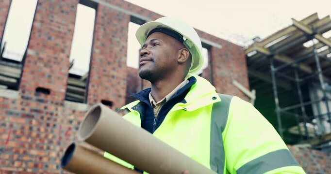 Black man, plan and thinking on construction site for development, property renovation or inspection. Engineer, vision and blueprint tube at worksite for building expansion, design ideas or low angle