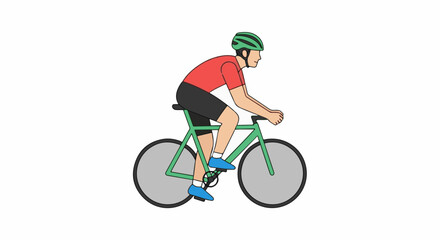 Fototapeta premium A person in a red shirt and black shorts rides a green bicycle with a green helmet