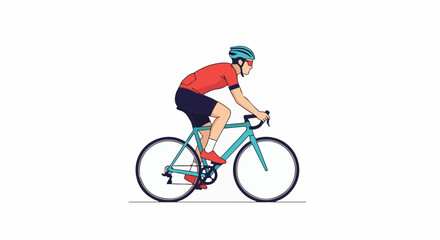 Fototapeta premium Athletic cyclist in red jersey and blue helmet rides turquoise bicycle
