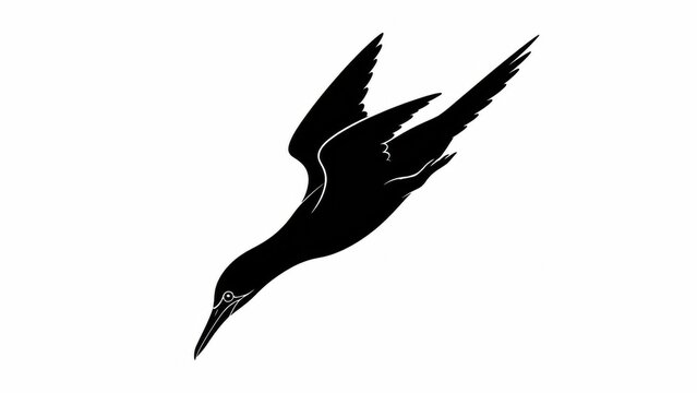 Black bird silhouette in flight on white background, soaring seabird graphic element, minimalist avian profile for logo design and nature branding