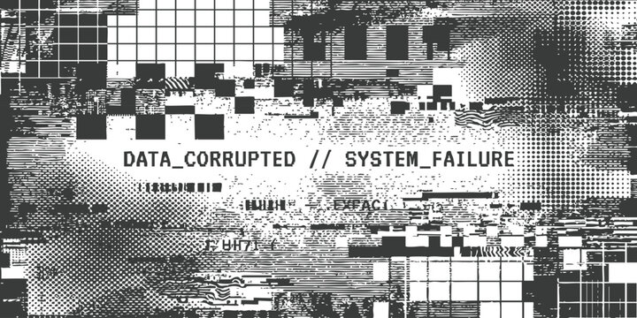 Data corrupted and system failure text displayed on a digital screen with distorted black and white pixels