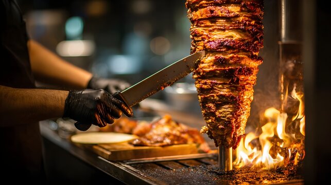 a close up hand chef slicing meat from burner kebab for making kebab wearing black gloves