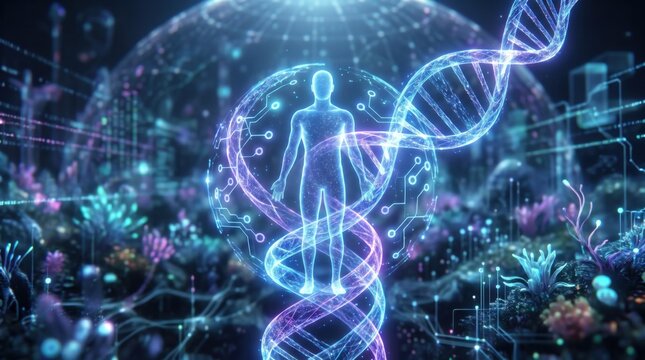 A digital representation of human DNA showcasing genetic structure and biological data in a vibrant environment.