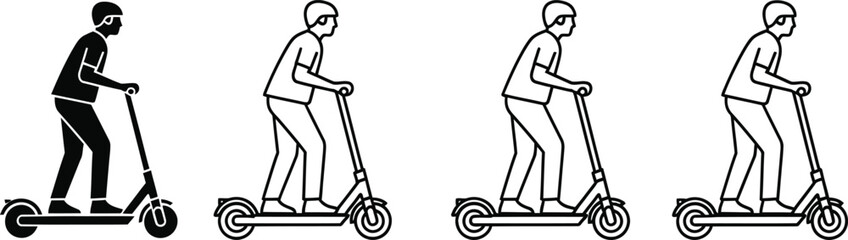 Four people riding electric scooters in different line styles © MDSOFIUL