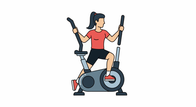 Woman exercising on an elliptical machine, full body, cartoon style