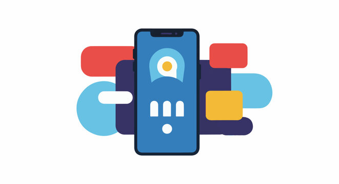 A stylized illustration of a smartphone displaying a profile icon and abstract shapes in vibrant colors