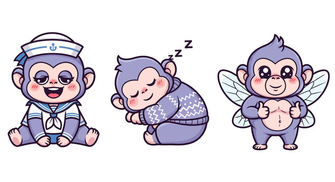 Cute Cartoon Monkeys in Different Costumes and Poses.