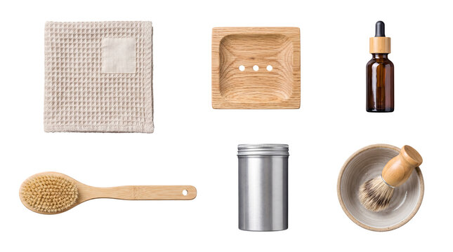 Overhead flat lay photograph of natural and sustainable spa products, including towel, soap dish, and shaving kit.
