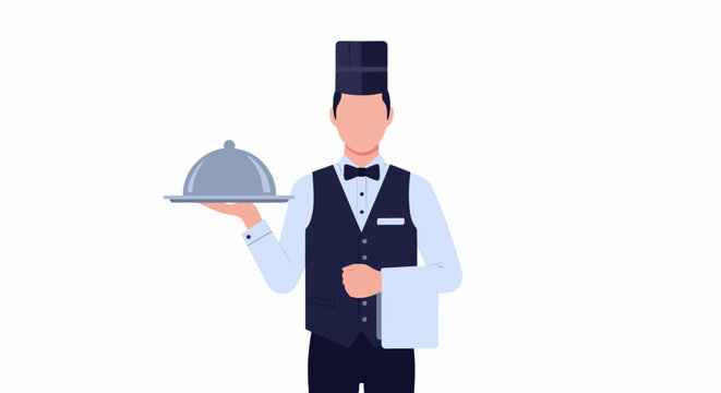 A formal server in a cap and vest holds a covered dish and napkin