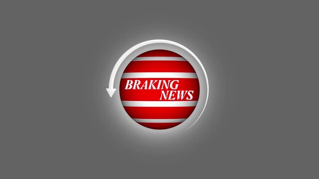 Dynamic breaking news graphic with spinning arrow around red and white striped sphere, modern news intro animation for urgent updates and alerts