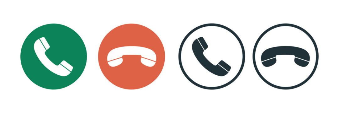 Phone Call Icon Vector Set with Mobile Handset Symbol, Answer and Decline Call Buttons, Dial and Contact Communication Concept, Red and Green Circular Icons