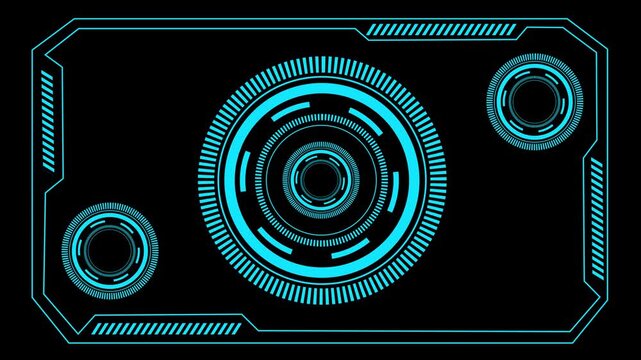 Abstract hud interface element on black background, neon light technology digital hitech futuristic frame display with circles and moving parts, ideal for sci-fi, gaming.