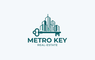 Fototapeta premium Commercial real estate logo template featuring a city skyline of modern skyscrapers built on a key for property investment and metropolitan brokerage services