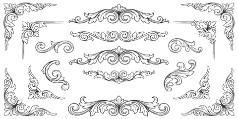Set of black vintage floral scroll border corners and ornamental dividers for elegant page decoration design © GraphixEra