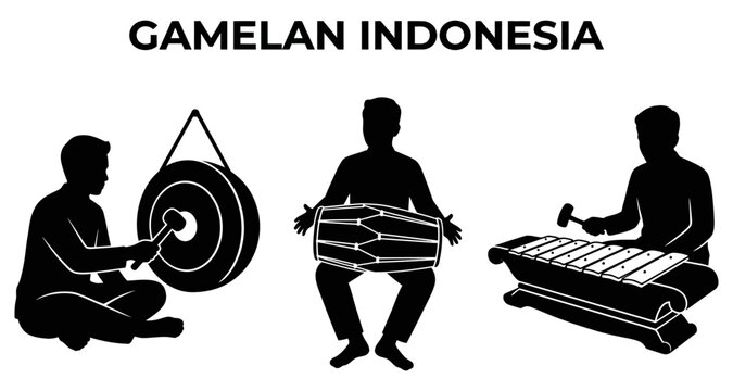 Indonesian Gamelan musicians playing traditional percussion instruments in silhouette against white